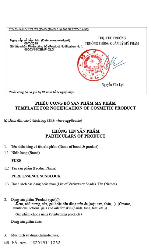 Phiếu công bố sản phẩm kem chống nắng Pure
