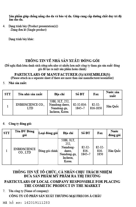 Phiếu công bố sản phẩm kem chống nắng Pure