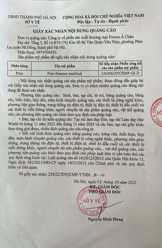 Giấy chứng nhận quảng cáo Kem chống nắng Pure