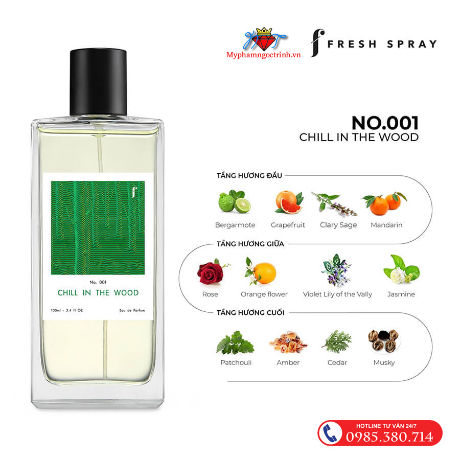 F Fresh Spray No.001 Chill in the Wood tạo ra 3 tầng hương thơm quyến rũ